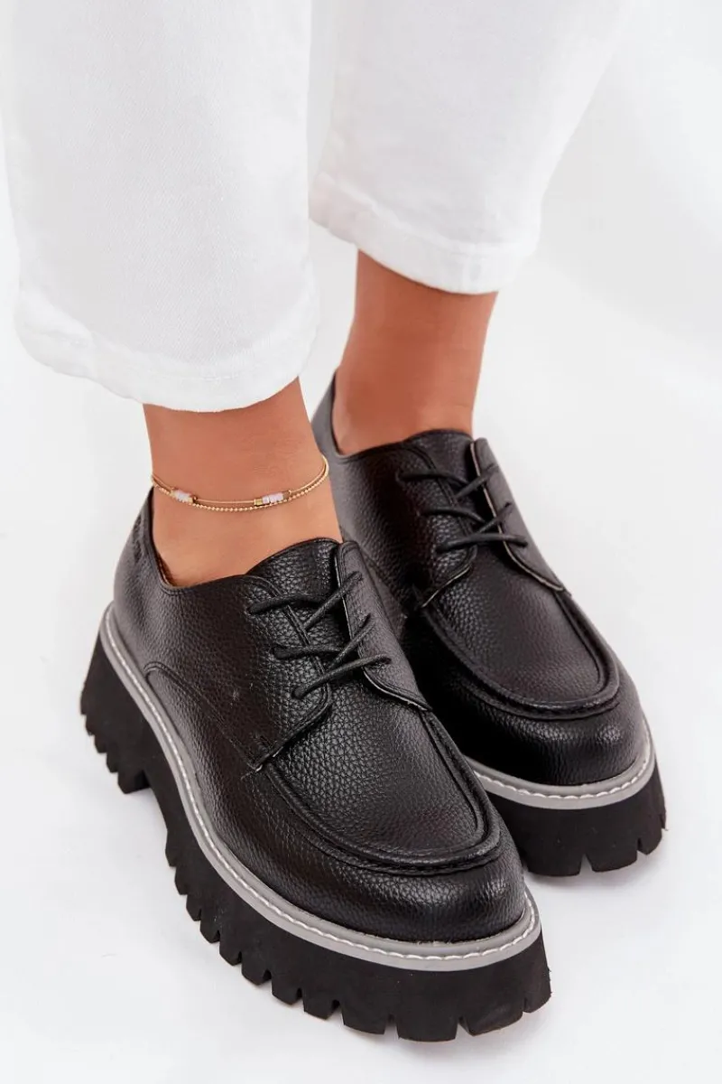 Mokasyny Płaskie|Mokasyny Damskie Skórzane>Big Star Shoes Półbuty Mokasyny Damskie Ze Sznurowaniem Big Star NN274052 Czarne Czarny