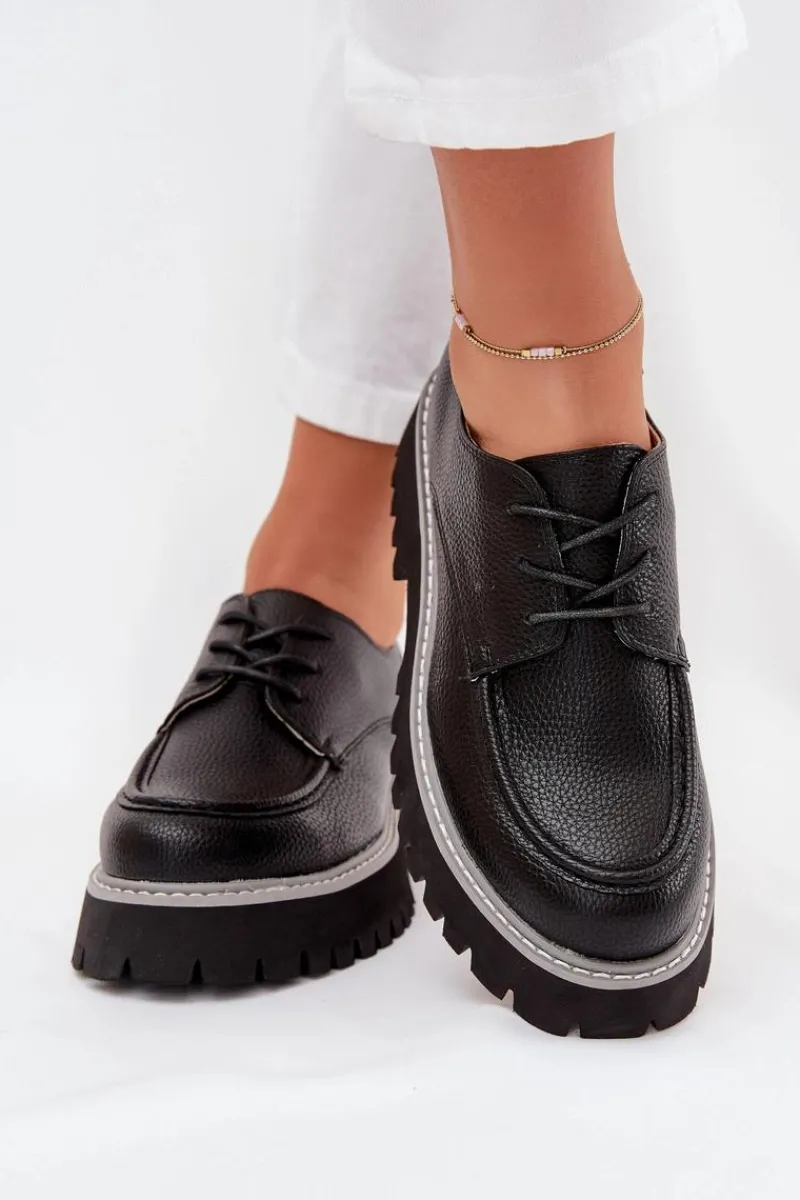 Mokasyny Płaskie|Mokasyny Damskie Skórzane>Big Star Shoes Półbuty Mokasyny Damskie Ze Sznurowaniem Big Star NN274052 Czarne Czarny