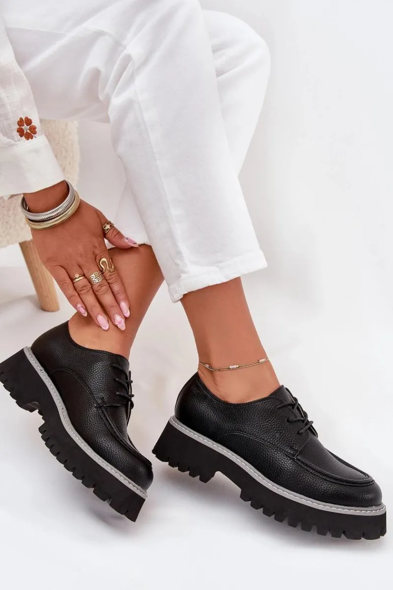 Mokasyny Płaskie|Mokasyny Damskie Skórzane>Big Star Shoes Półbuty Mokasyny Damskie Ze Sznurowaniem Big Star NN274052 Czarne Czarny