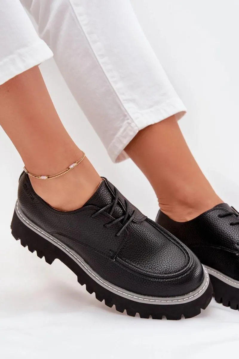 Mokasyny Płaskie|Mokasyny Damskie Skórzane>Big Star Shoes Półbuty Mokasyny Damskie Ze Sznurowaniem Big Star NN274052 Czarne Czarny