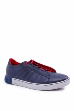 New Boto Półbuty Męskie Bednarek Skórzane Sportowe Bez Oczek Granatowe Geos