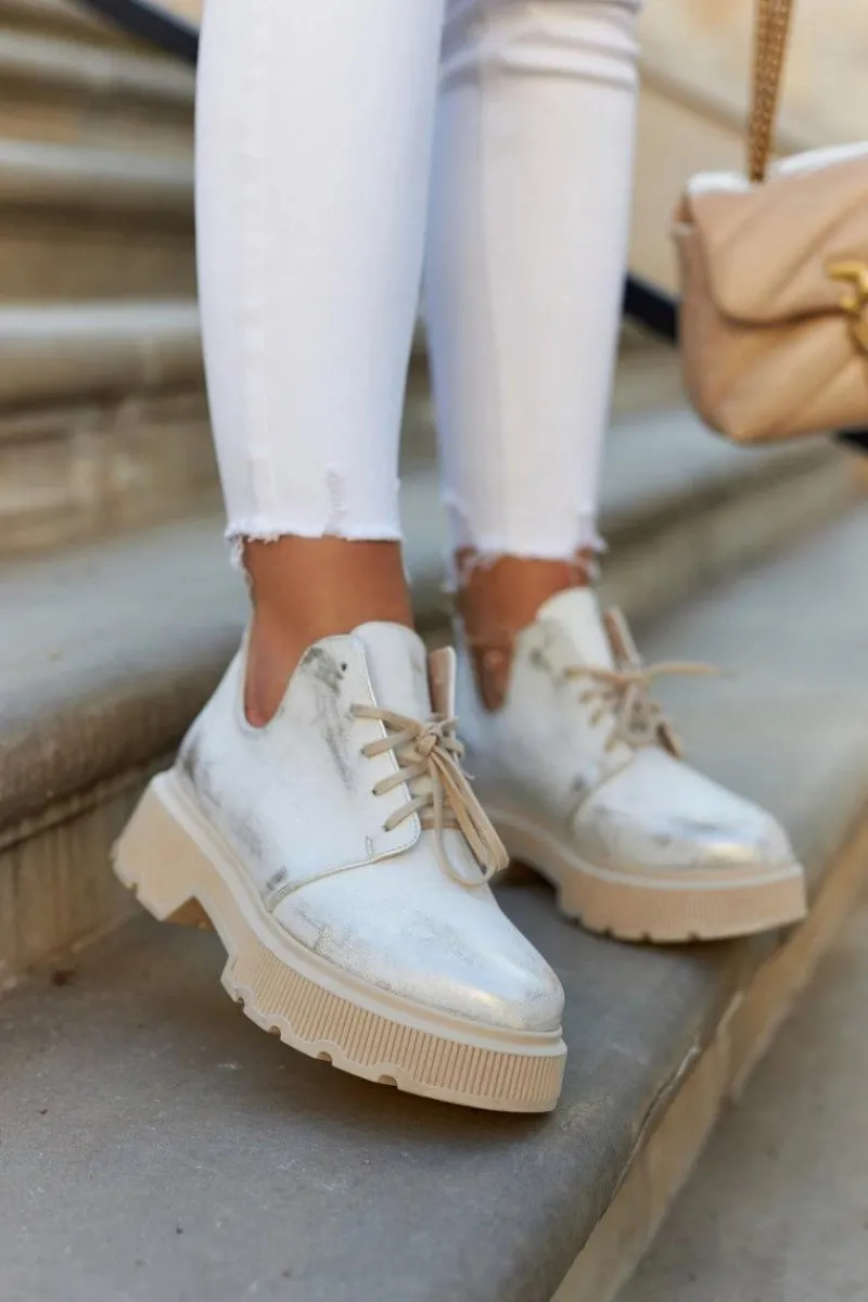 New Półbuty Na Masywnej Podeszwie Nicole 2701/004 Biało-Złote Damskie Półbuty Skórzane