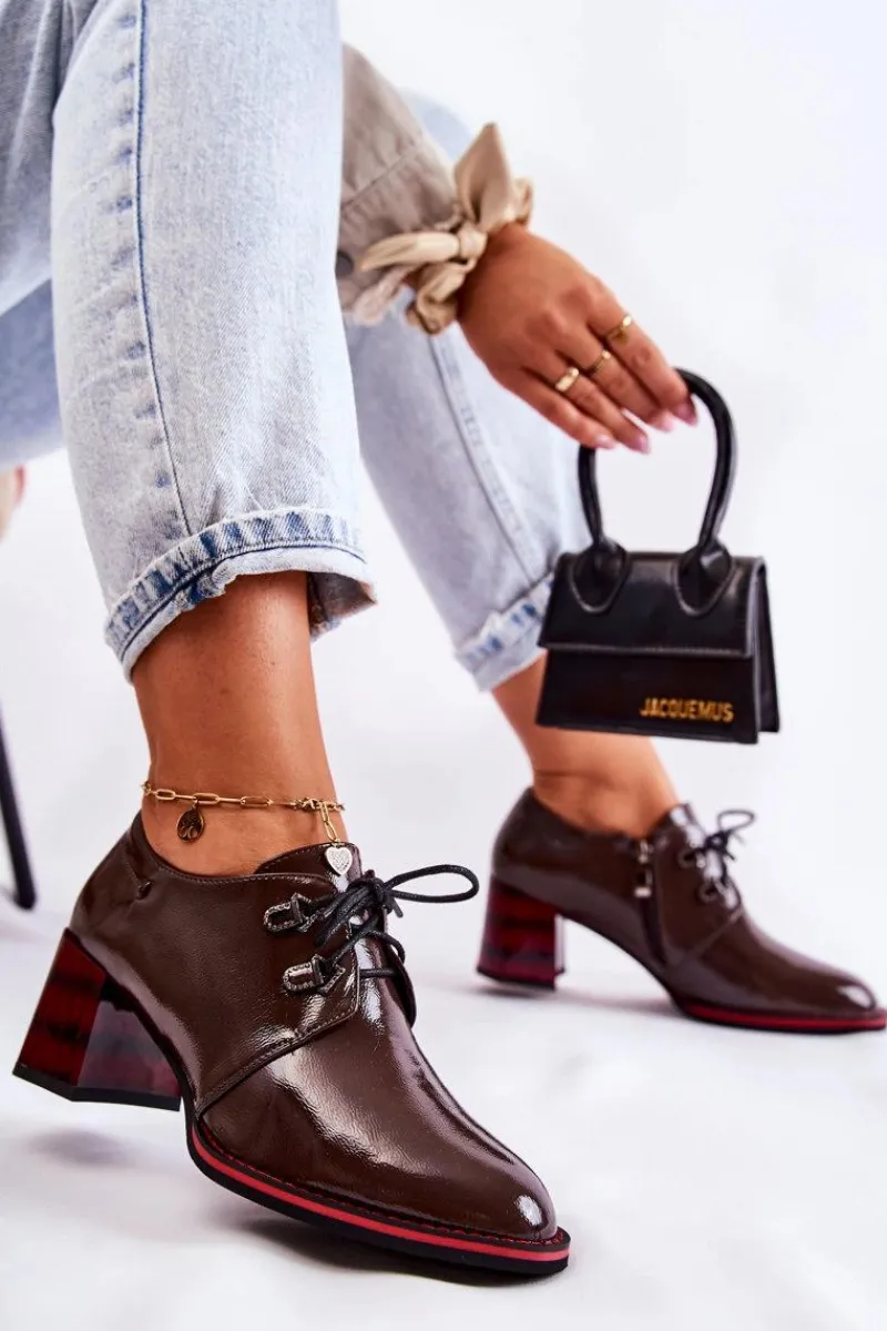 Półbuty Lakierowane>Damskie buty S.Barski Półbuty Na Suwak Brązowo-Czerwone Laurosa