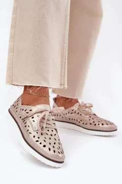 Hot Półbuty Skórzane Damskie S.Barski LR51-611 Złote Damskie Półbuty Skórzane