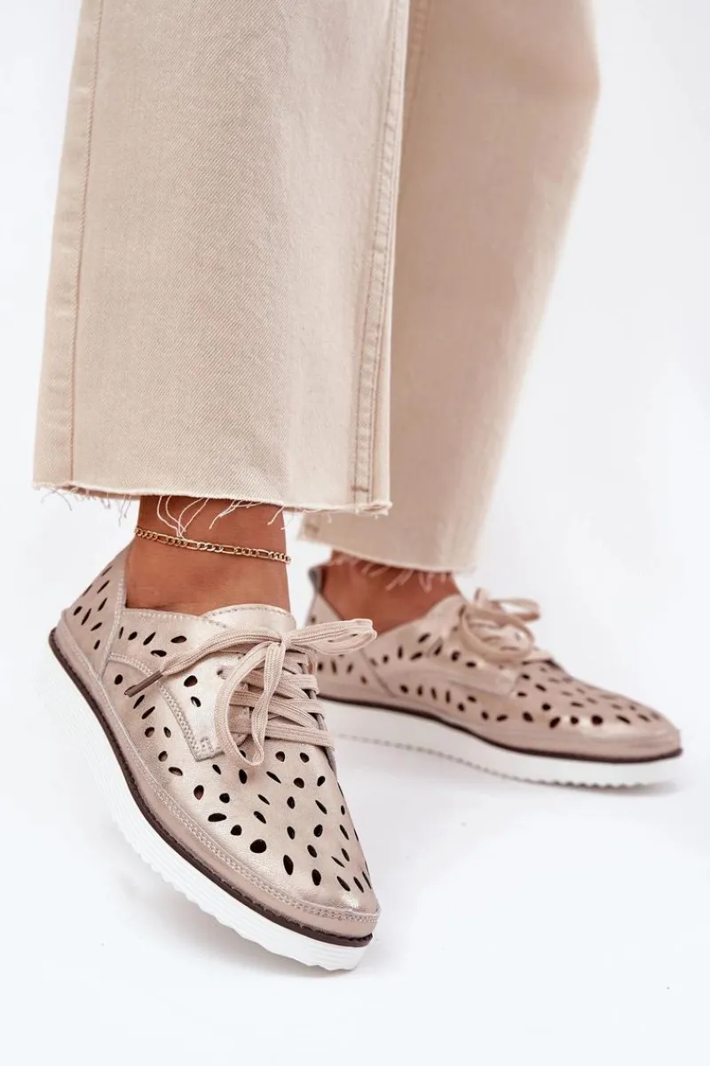 Hot Półbuty Skórzane Damskie S.Barski LR51-611 Złote Damskie Półbuty Skórzane