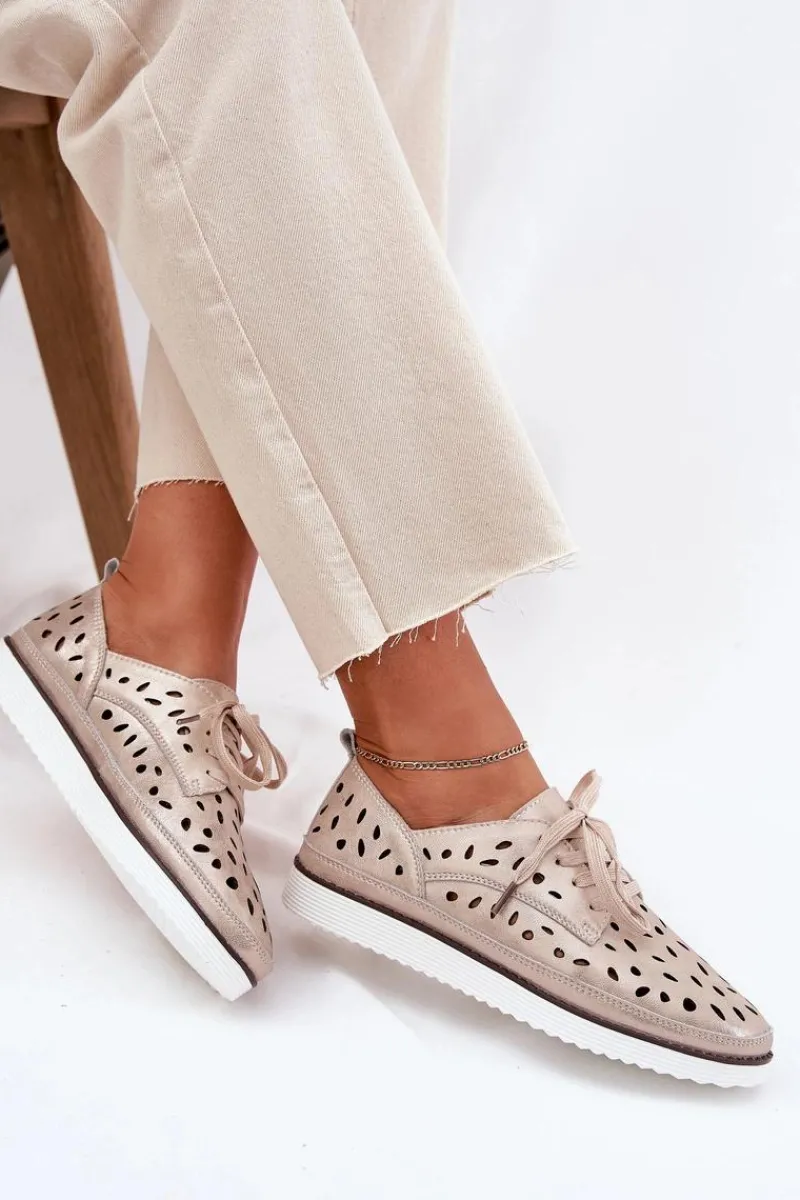 Hot Półbuty Skórzane Damskie S.Barski LR51-611 Złote Damskie Półbuty Skórzane