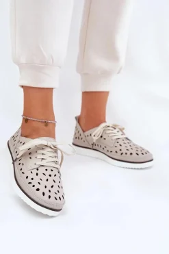 Outlet Półbuty Skórzane Damskie S.Barski LR51-610 Beżowe Damskie Półbuty Skórzane