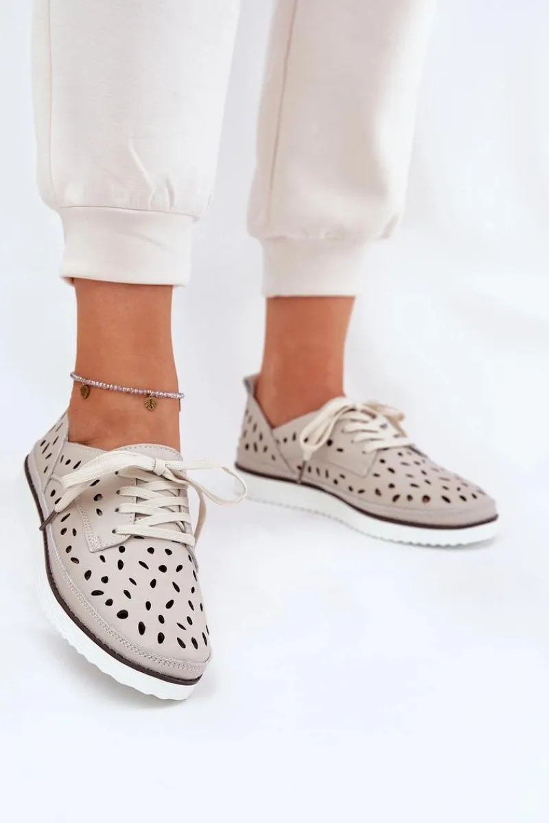 Outlet Półbuty Skórzane Damskie S.Barski LR51-610 Beżowe Damskie Półbuty Skórzane