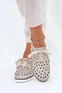 Outlet Półbuty Skórzane Damskie S.Barski LR51-610 Beżowe Damskie Półbuty Skórzane