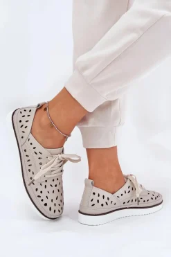 Outlet Półbuty Skórzane Damskie S.Barski LR51-610 Beżowe Damskie Półbuty Skórzane