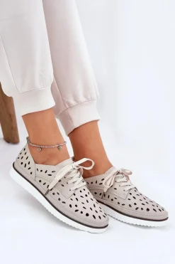 Outlet Półbuty Skórzane Damskie S.Barski LR51-610 Beżowe Damskie Półbuty Skórzane