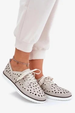 Outlet Półbuty Skórzane Damskie S.Barski LR51-610 Beżowe Damskie Półbuty Skórzane