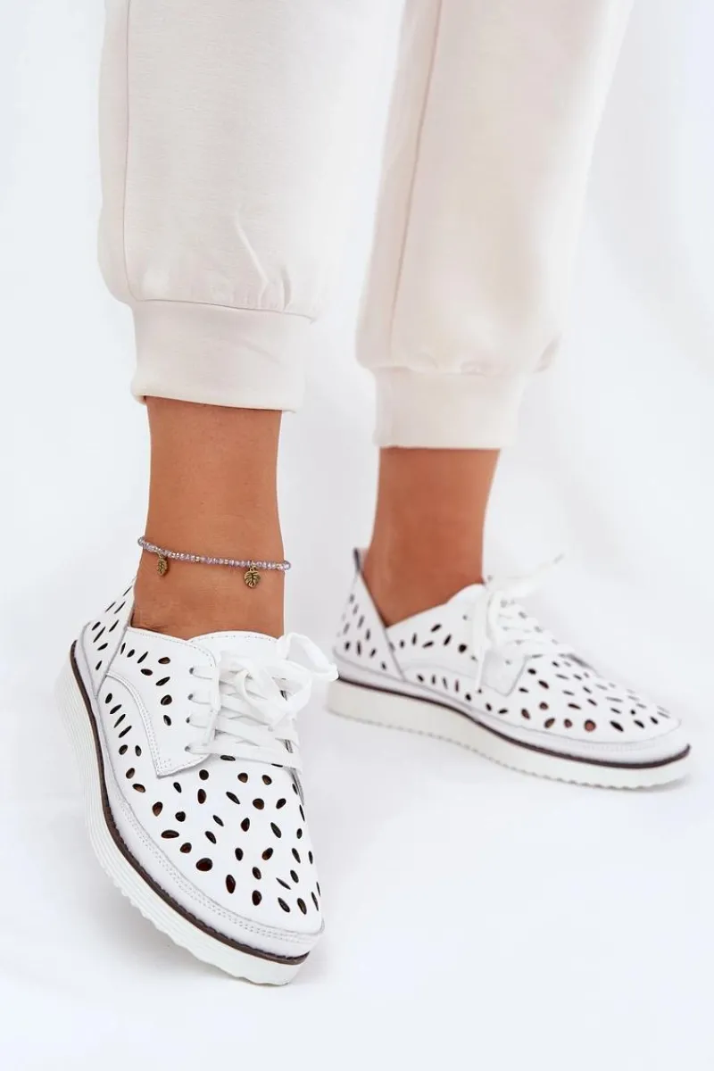 Clearance Półbuty Skórzane Damskie S.Barski LR51-610 Białe Damskie Półbuty Skórzane