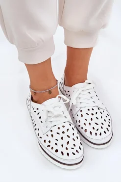 Clearance Półbuty Skórzane Damskie S.Barski LR51-610 Białe Damskie Półbuty Skórzane