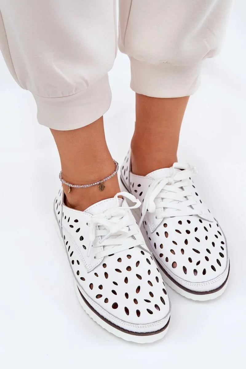 Clearance Półbuty Skórzane Damskie S.Barski LR51-610 Białe Damskie Półbuty Skórzane