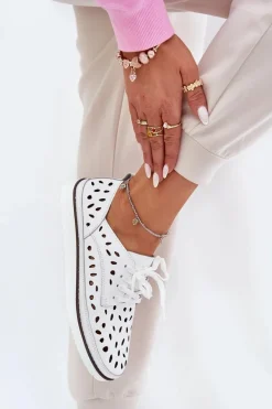 Clearance Półbuty Skórzane Damskie S.Barski LR51-610 Białe Damskie Półbuty Skórzane