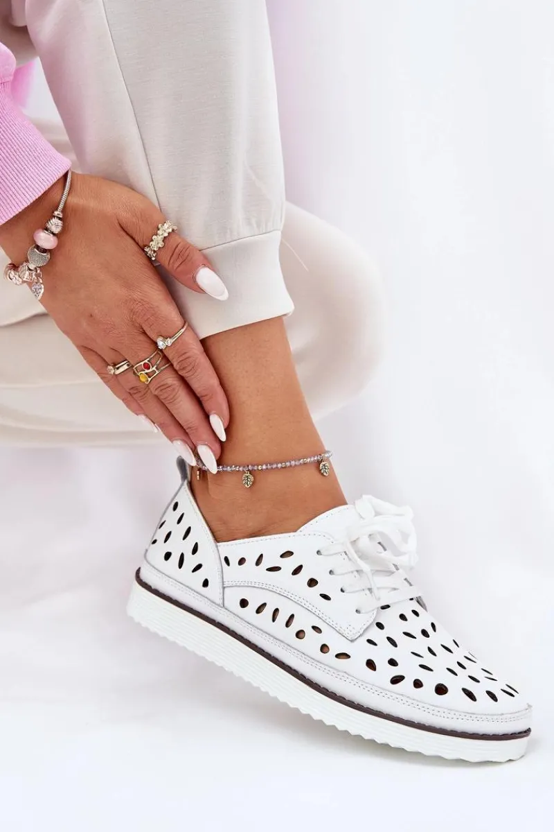 Clearance Półbuty Skórzane Damskie S.Barski LR51-610 Białe Damskie Półbuty Skórzane