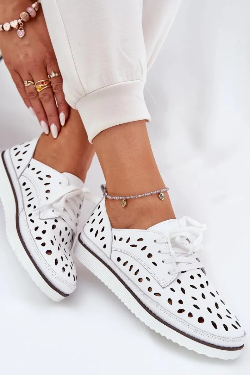 Clearance Półbuty Skórzane Damskie S.Barski LR51-610 Białe Damskie Półbuty Skórzane