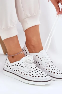 Clearance Półbuty Skórzane Damskie S.Barski LR51-610 Białe Damskie Półbuty Skórzane