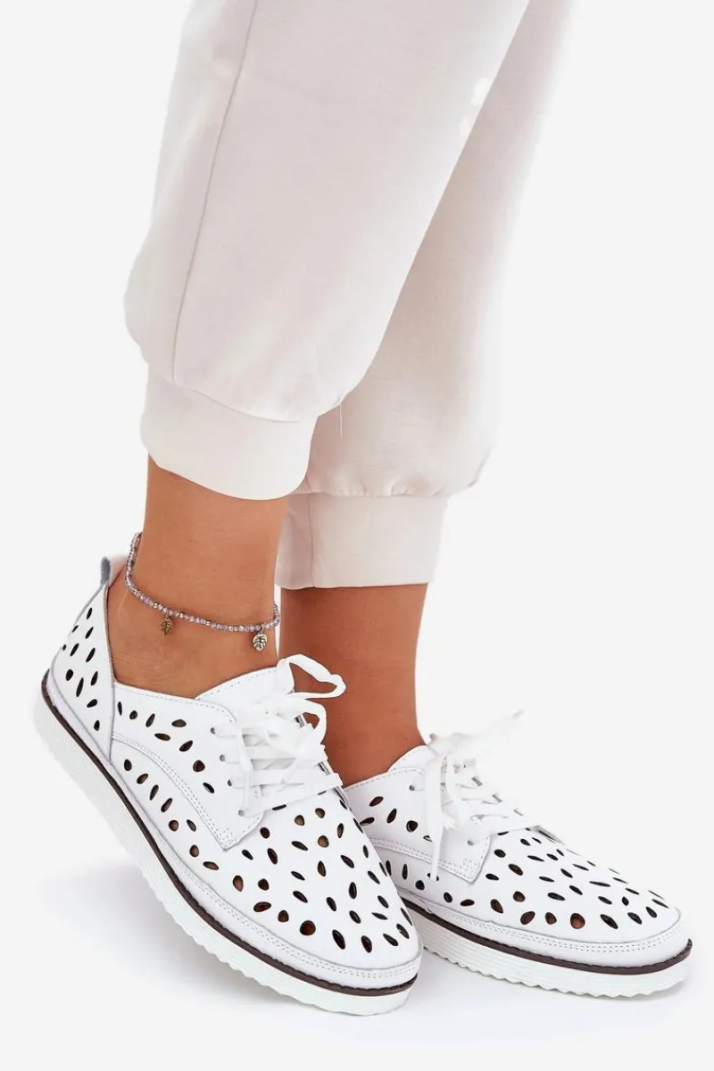 Clearance Półbuty Skórzane Damskie S.Barski LR51-610 Białe Damskie Półbuty Skórzane