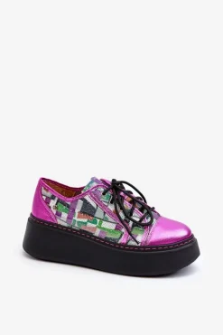 Online Półbuty Sneakersy Skórzane Damskie Na Platformie 06479-15 Fuksja Damskie Buty Sportowe Na Platformie