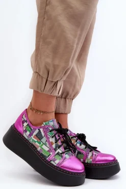 Online Półbuty Sneakersy Skórzane Damskie Na Platformie 06479-15 Fuksja Damskie Buty Sportowe Na Platformie