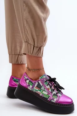 Online Półbuty Sneakersy Skórzane Damskie Na Platformie 06479-15 Fuksja Damskie Buty Sportowe Na Platformie