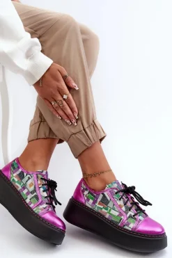 Online Półbuty Sneakersy Skórzane Damskie Na Platformie 06479-15 Fuksja Damskie Buty Sportowe Na Platformie