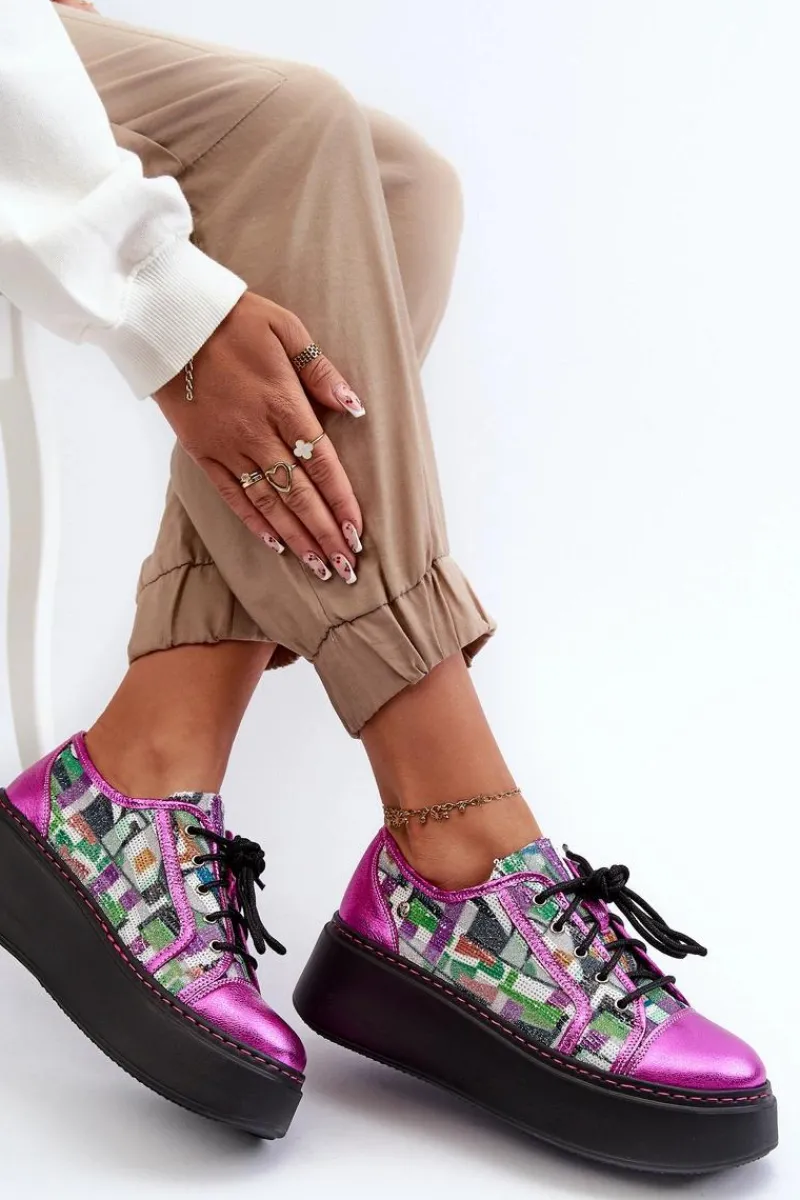 Online Półbuty Sneakersy Skórzane Damskie Na Platformie 06479-15 Fuksja Damskie Buty Sportowe Na Platformie