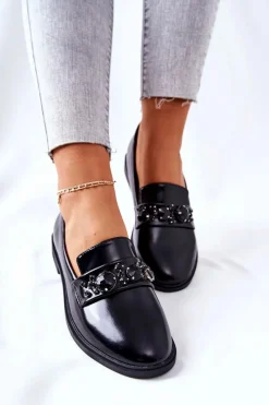 Discount Półbuty Z Ozdobnym Paskiem Czarne Valisso Damskie Mokasyny Damskie Skórzane