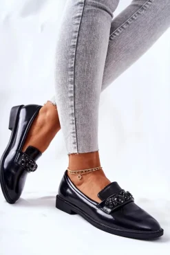 Discount Półbuty Z Ozdobnym Paskiem Czarne Valisso Damskie Mokasyny Damskie Skórzane