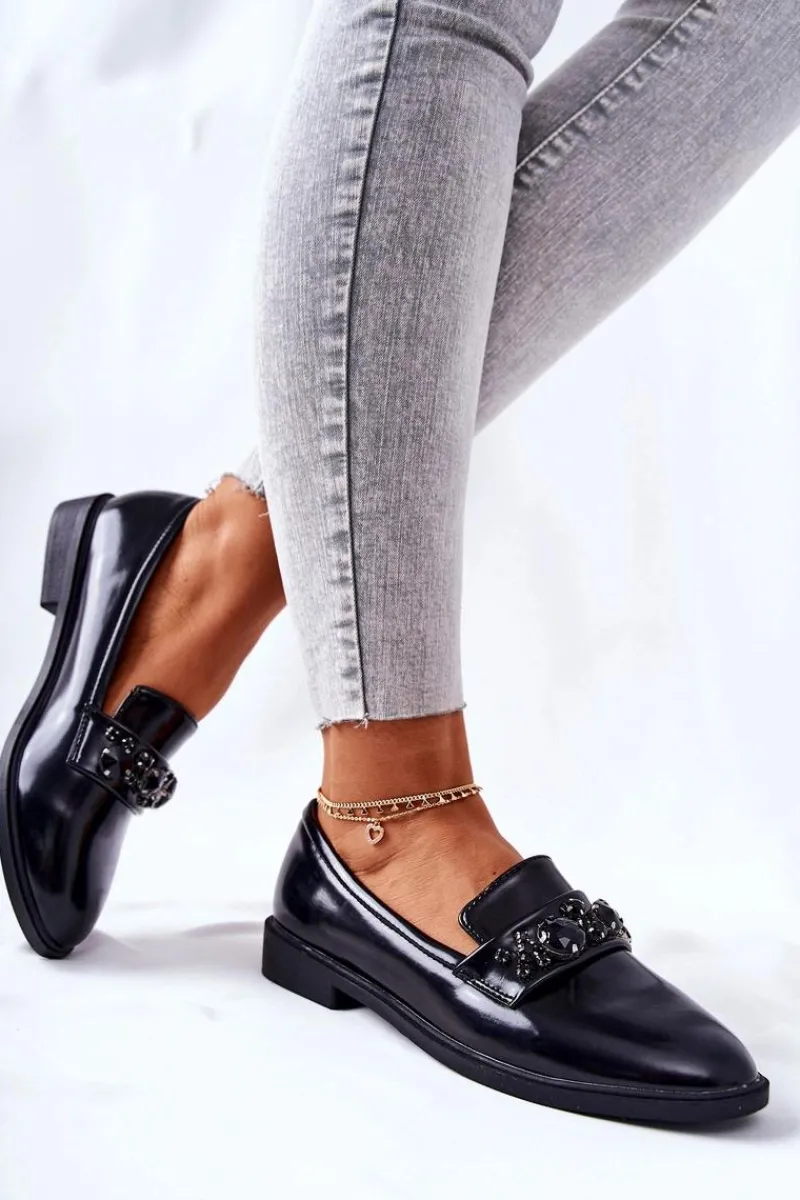 Discount Półbuty Z Ozdobnym Paskiem Czarne Valisso Damskie Mokasyny Damskie Skórzane