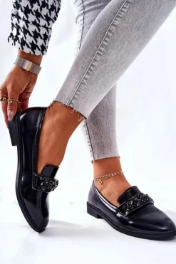 Discount Półbuty Z Ozdobnym Paskiem Czarne Valisso Damskie Mokasyny Damskie Skórzane