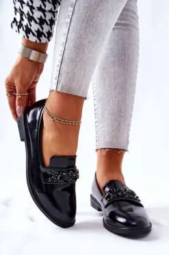 Discount Półbuty Z Ozdobnym Paskiem Czarne Valisso Damskie Mokasyny Damskie Skórzane