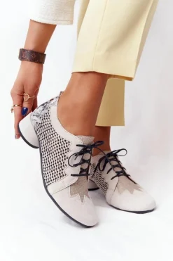 Półbuty Skórzane></noscript>Maciejka Półbuty Z Plecionki Na Obcasie 04890-04 Beżowe