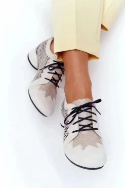 Półbuty Skórzane></noscript>Maciejka Półbuty Z Plecionki Na Obcasie 04890-04 Beżowe