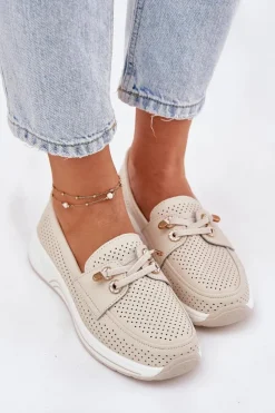 Hot Półbuty Ze Skóry Naturalnej Na Platformie 56C2102 Beżowe Damskie Buty Sportowe Na Platformie|Półbuty Skórzane