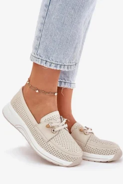 Hot Półbuty Ze Skóry Naturalnej Na Platformie 56C2102 Beżowe Damskie Buty Sportowe Na Platformie|Półbuty Skórzane