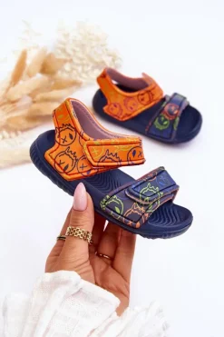 Clearance Boto Piankowe Dziecięce Lekkie Sandałki We Wzory Granatowo-Pomarańczowe Malaga