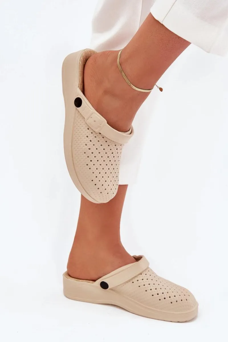 New Piankowe Klapki Chodaki Damskie Beżowe Faylina Damskie Klapki Basenowe|Klapki Na Platformie