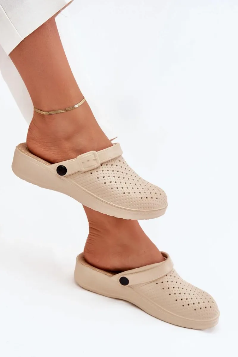 New Piankowe Klapki Chodaki Damskie Beżowe Faylina Damskie Klapki Basenowe|Klapki Na Platformie