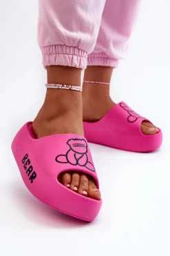 Discount Piankowe Klapki Damskie Na Masywnej Podeszwie Z Misiem Fuksja Lamira Damskie Klapki Basenowe|Klapki Na Platformie