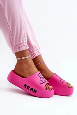 Discount Piankowe Klapki Damskie Na Masywnej Podeszwie Z Misiem Fuksja Lamira Damskie Klapki Basenowe|Klapki Na Platformie