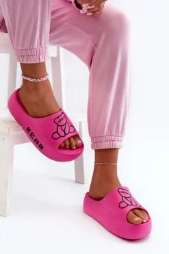 Discount Piankowe Klapki Damskie Na Masywnej Podeszwie Z Misiem Fuksja Lamira Damskie Klapki Basenowe|Klapki Na Platformie
