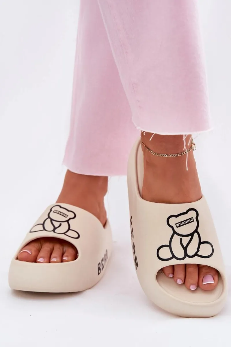 New Boto Piankowe Klapki Damskie Na Masywnej Podeszwie Z Misiem Jasnobeżowe Lamira