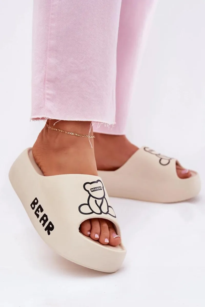 New Boto Piankowe Klapki Damskie Na Masywnej Podeszwie Z Misiem Jasnobeżowe Lamira