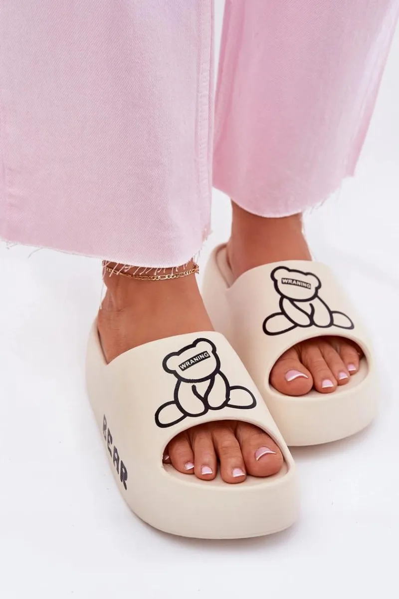 New Boto Piankowe Klapki Damskie Na Masywnej Podeszwie Z Misiem Jasnobeżowe Lamira