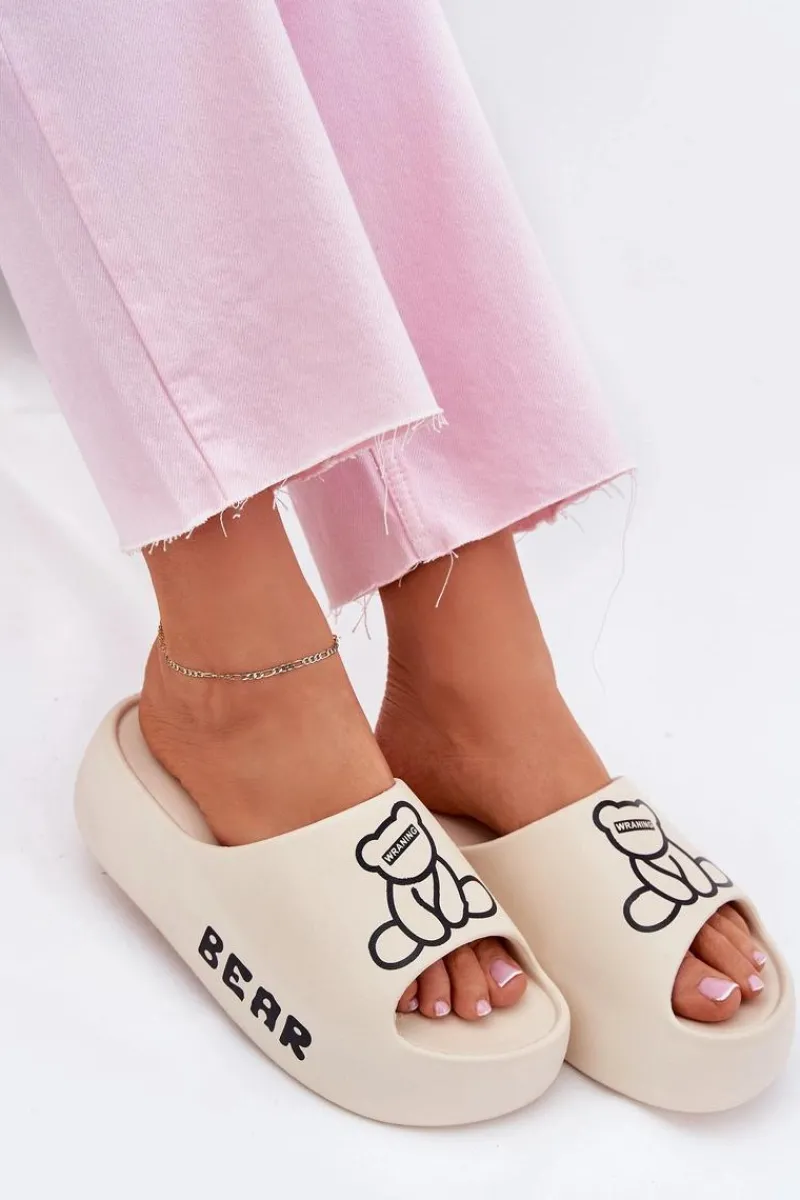 New Boto Piankowe Klapki Damskie Na Masywnej Podeszwie Z Misiem Jasnobeżowe Lamira