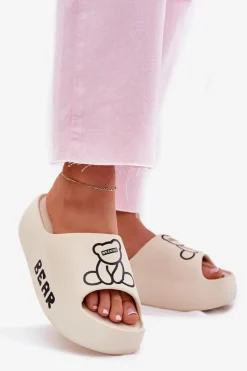 New Boto Piankowe Klapki Damskie Na Masywnej Podeszwie Z Misiem Jasnobeżowe Lamira