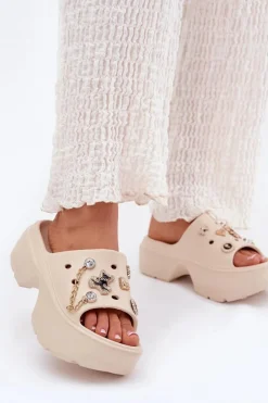 Sale Piankowe Klapki Damskie Na Masywnej Platformie Ze Złotymi Przypinkami Beżowe Ivoriel Damskie Klapki Basenowe|Klapki Na Platformie